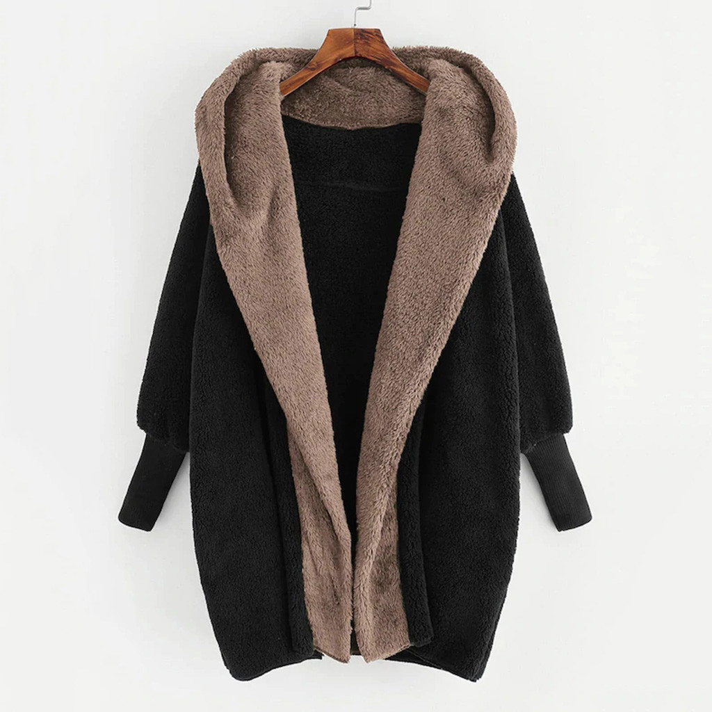 Women's Clothing new color matching hooded loose cardigan outer sweater ribbed cuffs double sided velvet coat_voghion.com