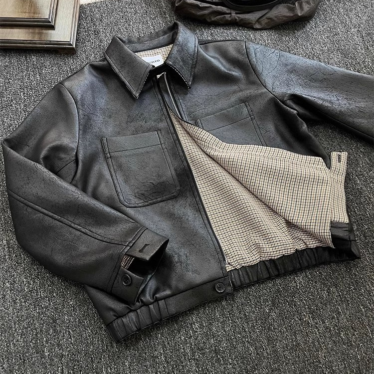 BOYUE Silk Leap Frozen Crack Chaqueta de cuero con forro de pata de gallo Chaqueta de moda corta de todo fósforo de motocicleta para hombre