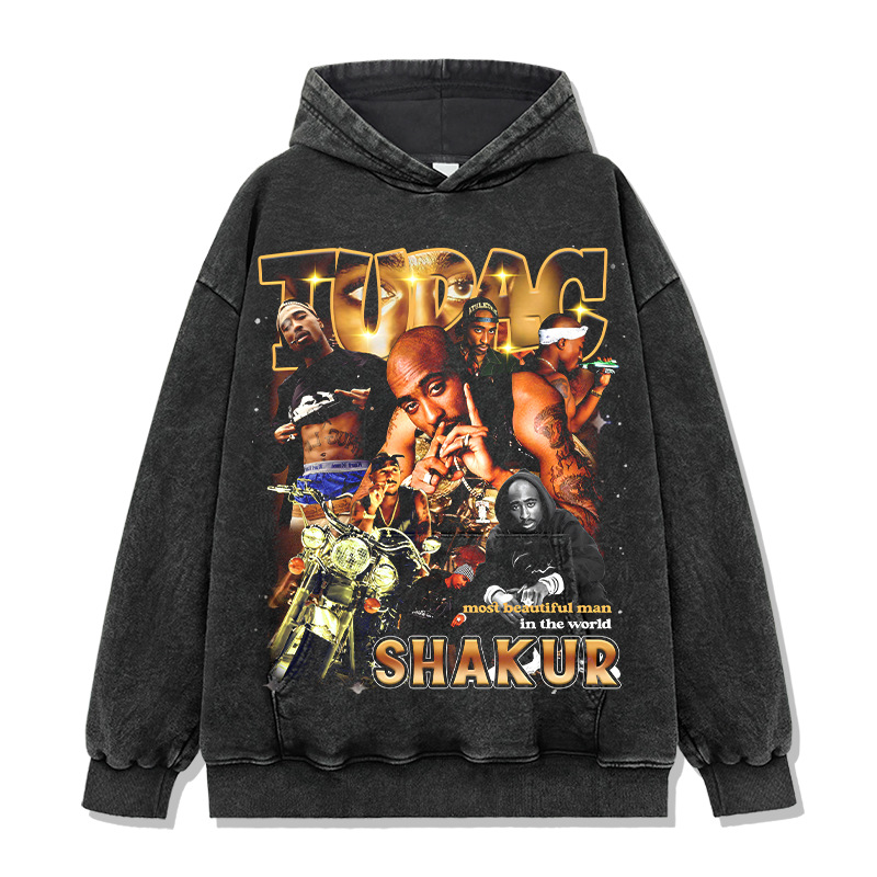 Cross-border American trendy tupac printed short-sleeved T-shirt washing old long-sleeved loose casual heavy hooded sweatshirt men