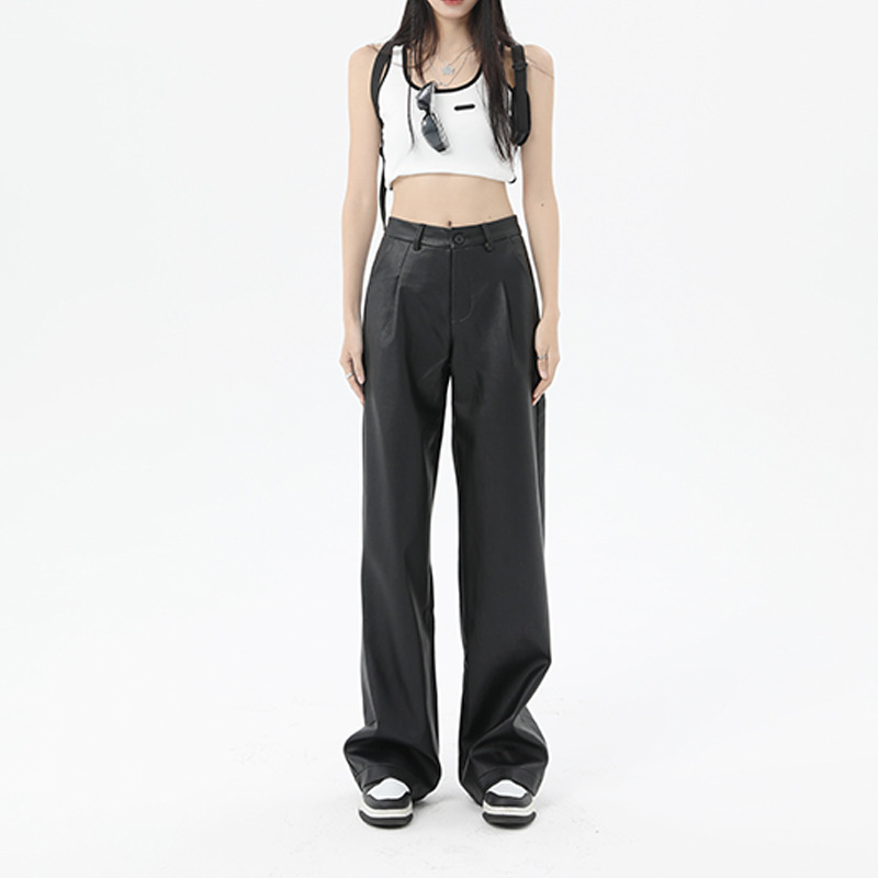 2026 Autumn and Winter New Women's Black Pu Leather Stylish Casual Pants High-Waisted Slimming Loose Wide-Leg Straight Leather Pants American Style