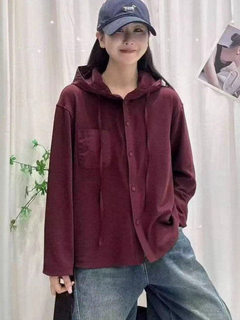 休闲百搭纯色连帽长袖开衫t恤女 2025秋季新款宽松大码衬衣衬衫|undefined