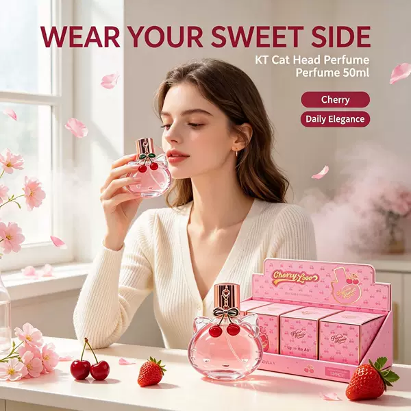 Cross-border KT Cat 50ml perfume, a long-lasting, light-scented fragrance for women, featuring cherry and strawberry fruity notes, in a cute cartoon gift box