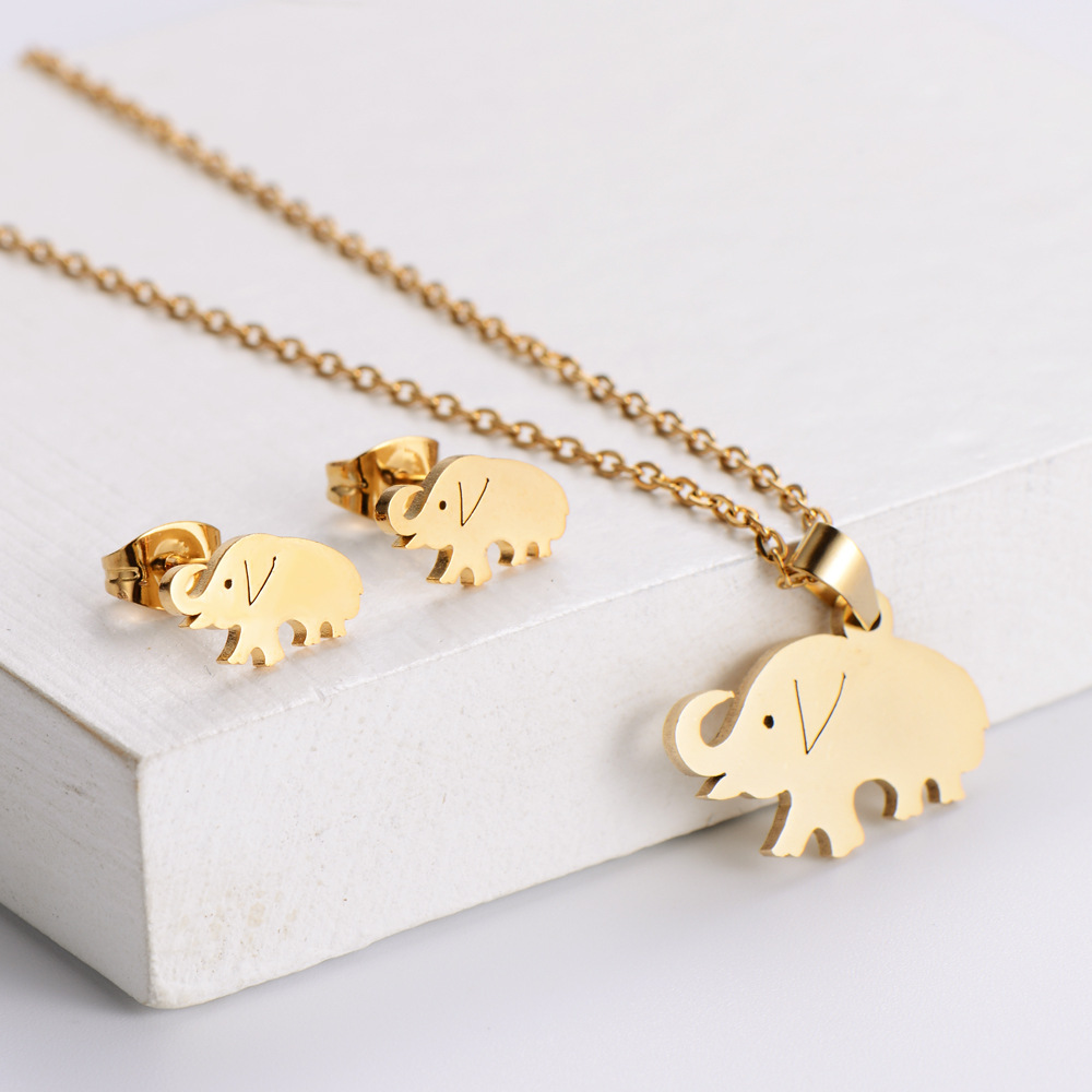 Titanium Steel Plating 18k Gold Elephant Pendant Necklace Earrings Set Wholesale Nihaojewelry display picture 1