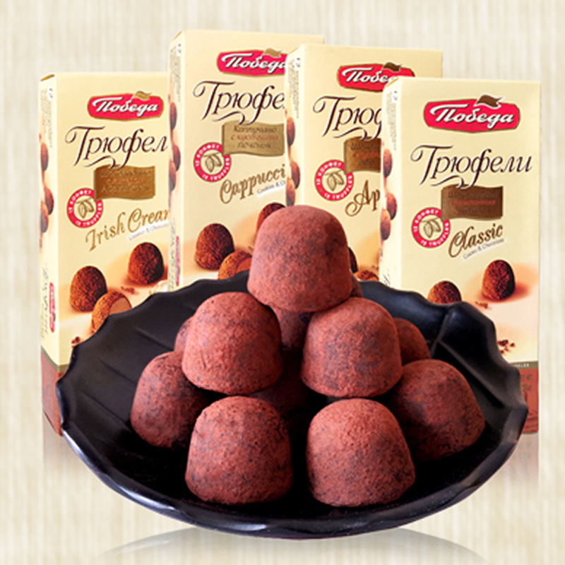 俄羅斯進口勝利黑松露巧克力糖果禮盒純可可松露杏仁酒味速溶180g