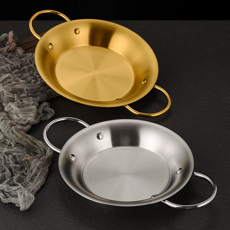 Корейская испанская нержавеющая сталь морепродукты тарелка запечённый рисовая кастрюля лобстер тарелка с двумя ушами плоское дно утолщенная армейская горячая кастрюля жареная курица тарелка