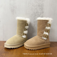 外翻兔毛装饰纯色款休闲风保暖加厚雪地靴2025年冬款女童高筒靴批