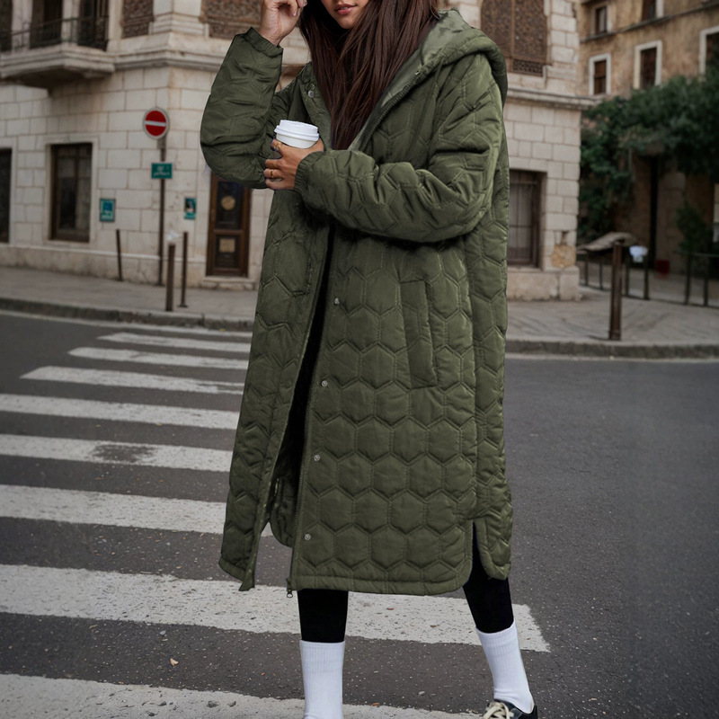 Autumn and winter hooded long quilted cotton coat, casual loose fit diamond-patterned padded jacket, windproof lightweight long cotton coat