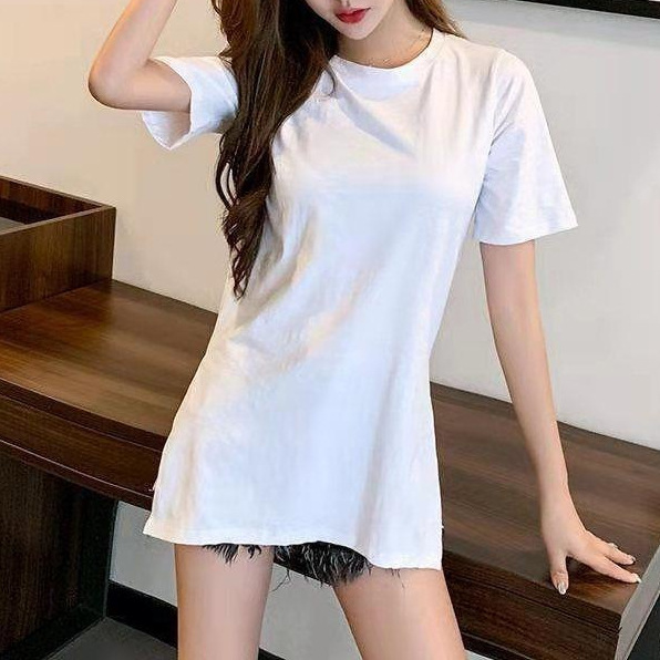 100 spring and summer new mid-length T-shirt women's loose hem two sides split short sleeve solid color top women's T-shirt 100 spring and summer new mid-length T-shirt women's loose hem two sides split short sleeve solid color top women's T-shirt