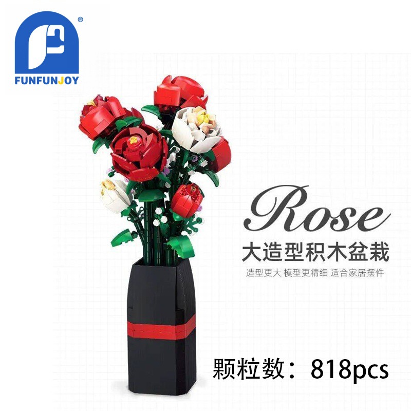 Cross-Border Compatible Building Block Flower Toy Ornaments Assembled Plant Potted Plants Epiphyllum Rose Bouquet Gift for Girls Wholesale
