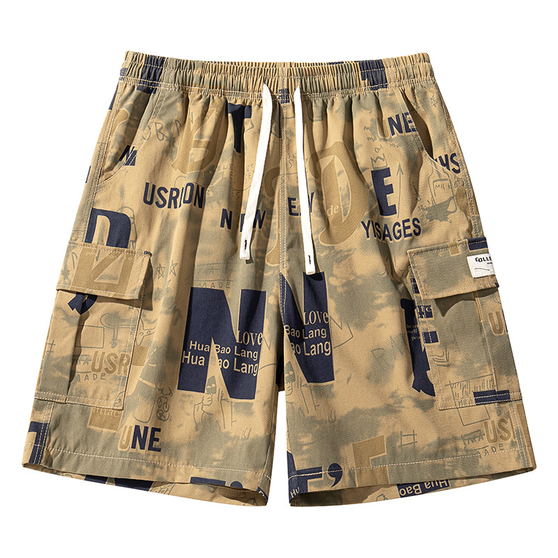 跨境欧美风男款满印字母工装五分裤 松紧抽绳腰街头潮流多袋休闲