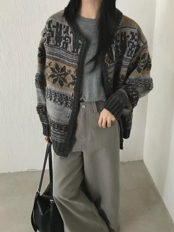 设计感民族风重工费尔岛提花毛衣开衫女秋冬加厚韩系宽松针织外套|undefined