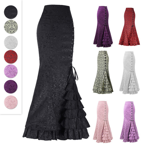Gothic Dark Style Half-Skirted Floral Print Long Dress for Girls, Subculture Bandage Bustier Fish Tail Skirt