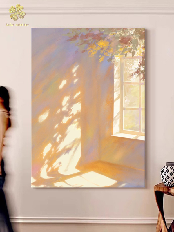 Windows and Shadows, Warm-Toned Entrance Hall Decorative Painting, Living Room Sofa, French Retro Hand-Painted Oil Painting, Vintage Style Hanging Painting