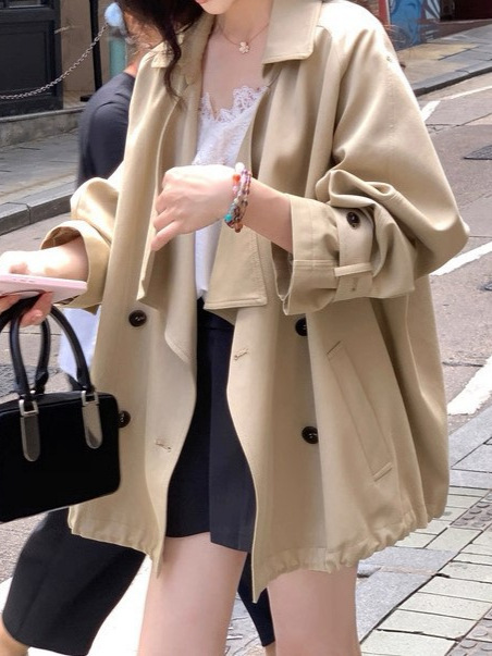 夏诗文 莱赛尔天丝棉撞色扣荡领上衣女秋廓形可调节扣袢风衣外套|undefined
