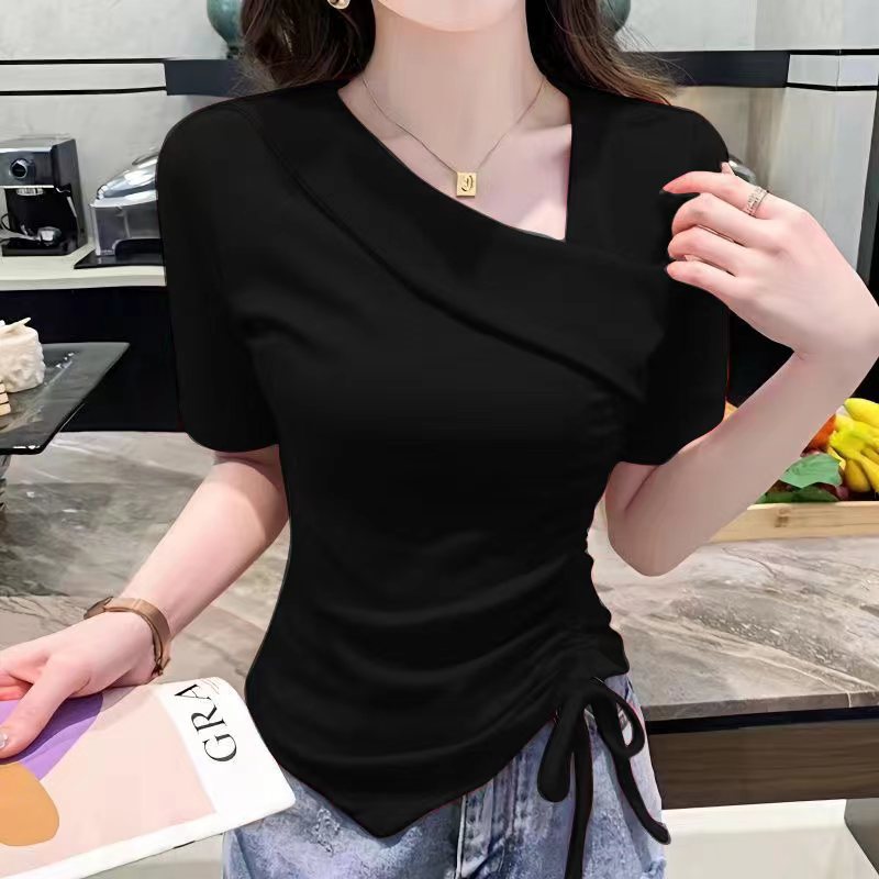 Nuevo diseño irregular con cordón SLIM-Fit Top corto ins Camiseta de manga corta con cuello en V puro y elegante para mujer verano