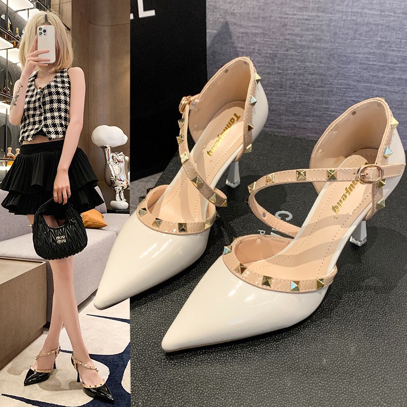 elegant high heels pointed-toe with studs nude stiletto heels