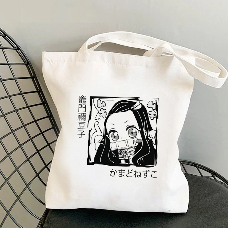 Comercio exterior transfronterizo Demonio Slayer impresión bolsa de lona Harjuku bolsa de hombro moda bolsa de compras portátil en stock