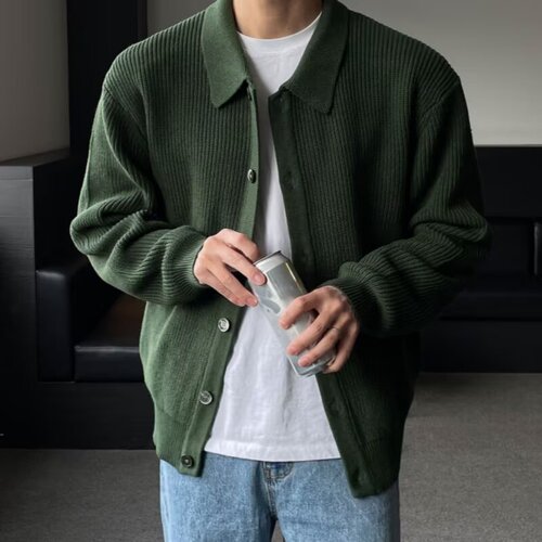 Korean lapel single-breasted sweater for autumn and winter new simple casual loose cardigan sweater outer for boys