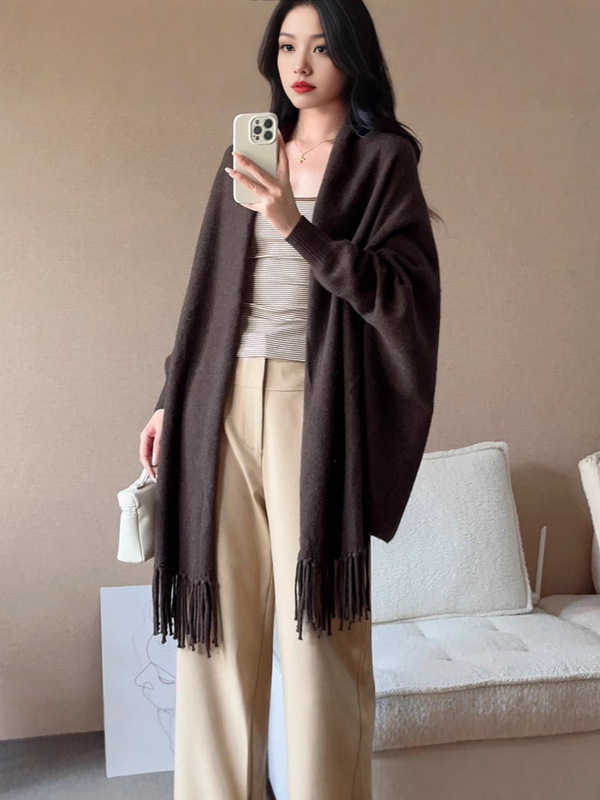 设计感100羊毛针织披肩外搭女开衫秋冬毛衣外套慵懒风斗篷上衣|undefined