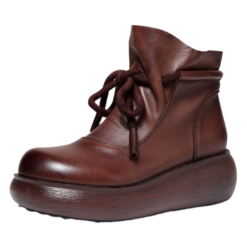 С первым слоем воловьей кожи кексов на толстой подошве женские сапоги на танкетке повседневные короткие сапоги в стиле ретро весенне-осенние одиночные сапоги 2022 осень-зима Новинка