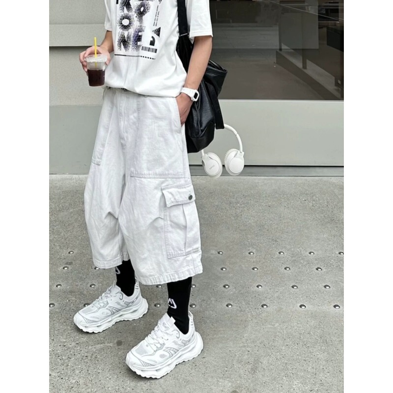 American High Street Retro Washed White Large Pocket Wide-Leg Cropped Jeans Men's Trendy Loose Versatile Shorts
