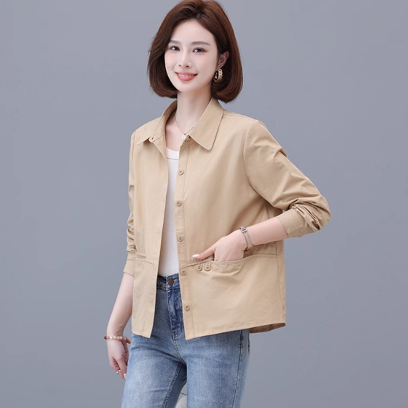 跨境2026女士衬衫短款薄风衣外套2025年春秋韩版宽松中年妈装减龄