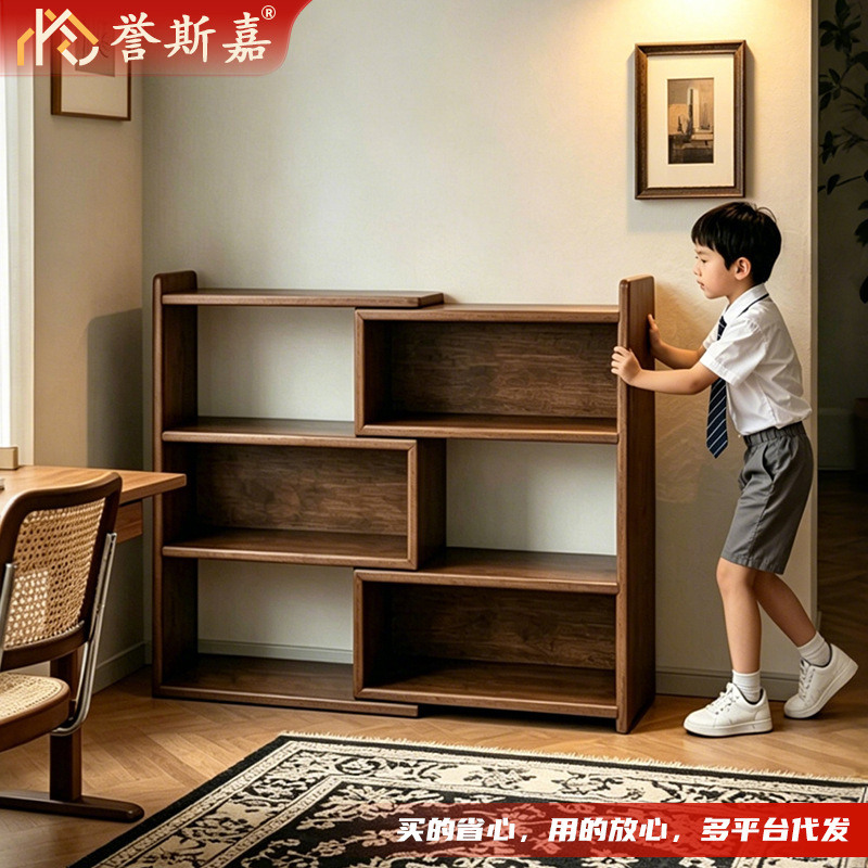 Wooden Bookshelf Storage Rack, Floor-Standing, Wall-Mounted, Retractable Corner Storage Rack, Multi-Purpose Reading Low Bookcase for the Living Room