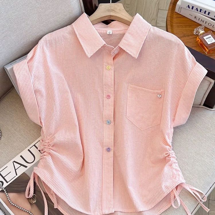 Striped Short-Sleeved Shirt for Women, Summer 2026 New Korean Style Loose Design Casual Versatile Short Drawstring Top