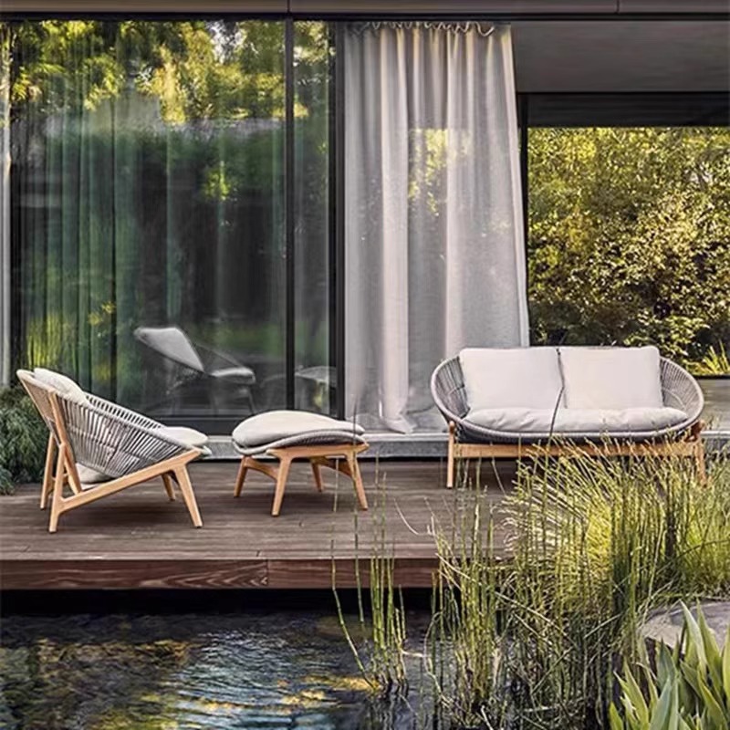 Conjunto de sofá de ratán para patio exterior, sillón individual de ocio para balcón de villa, muebles de teca de diseño para jardín exterior image 3