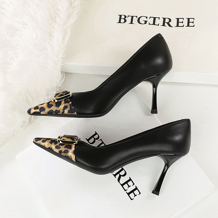 2627-5 European And American Style Metal Buckle Spliced Versatile High-heeled Feminine Stiletto Pointed Toe Party Shoes,_vogvips.com