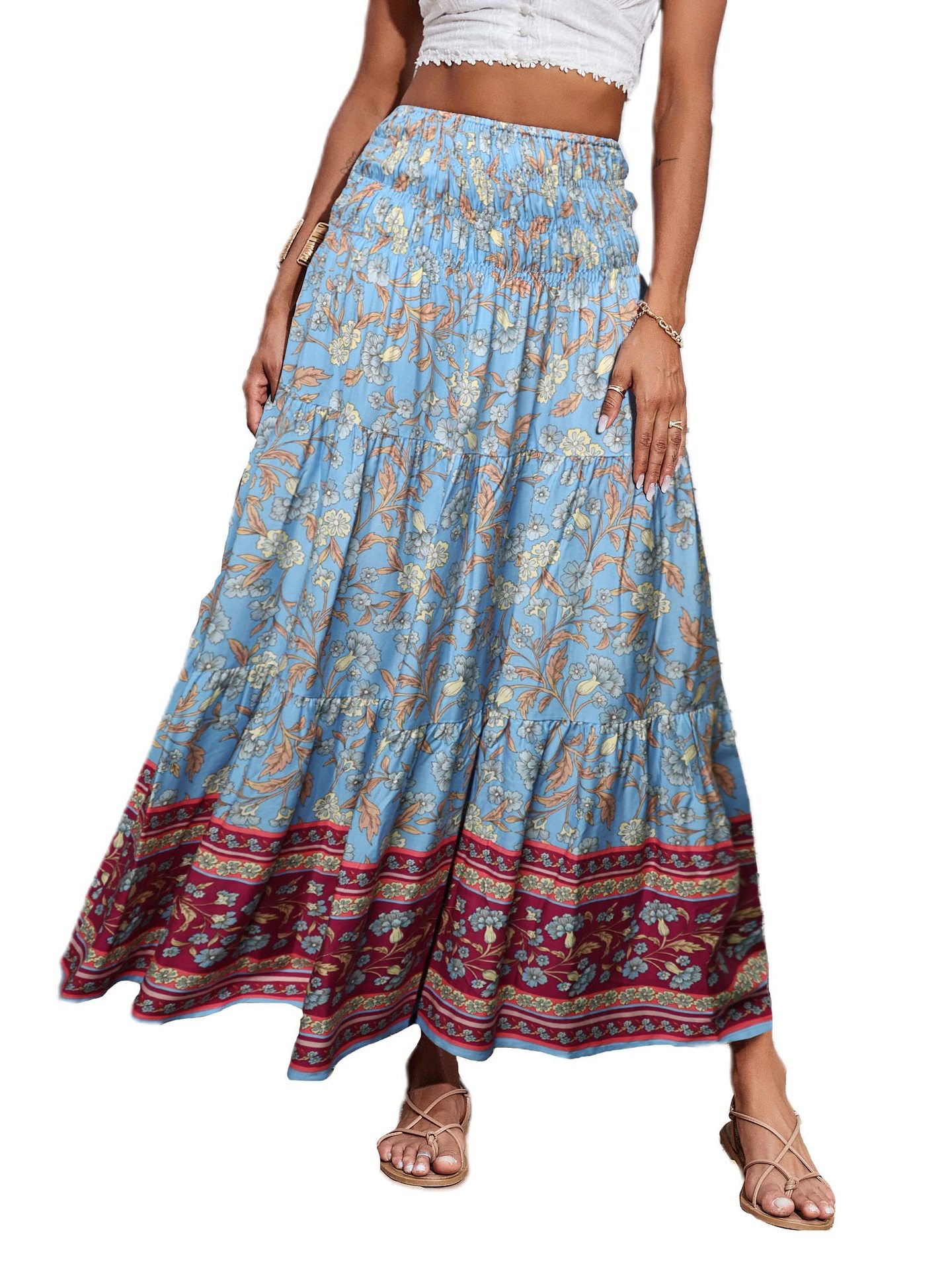 New European And American Printed Flared Bohemian Casual High-waisted Long Skirt, Beach Skirt For Women_ecoleips.com