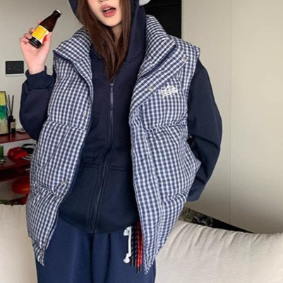美式棉服羽绒棉马甲刺绣潮牌复古格子棉衣外套男女款立领加棉马夹|undefined