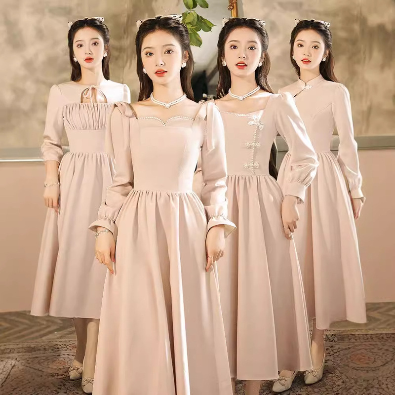 Bridesmaid Dress for Women 2025 New Long-Sleeved Wedding Sister Group Dress with a High-End Feel, Can Be Worn Casually as a Evening Dress, Puffy