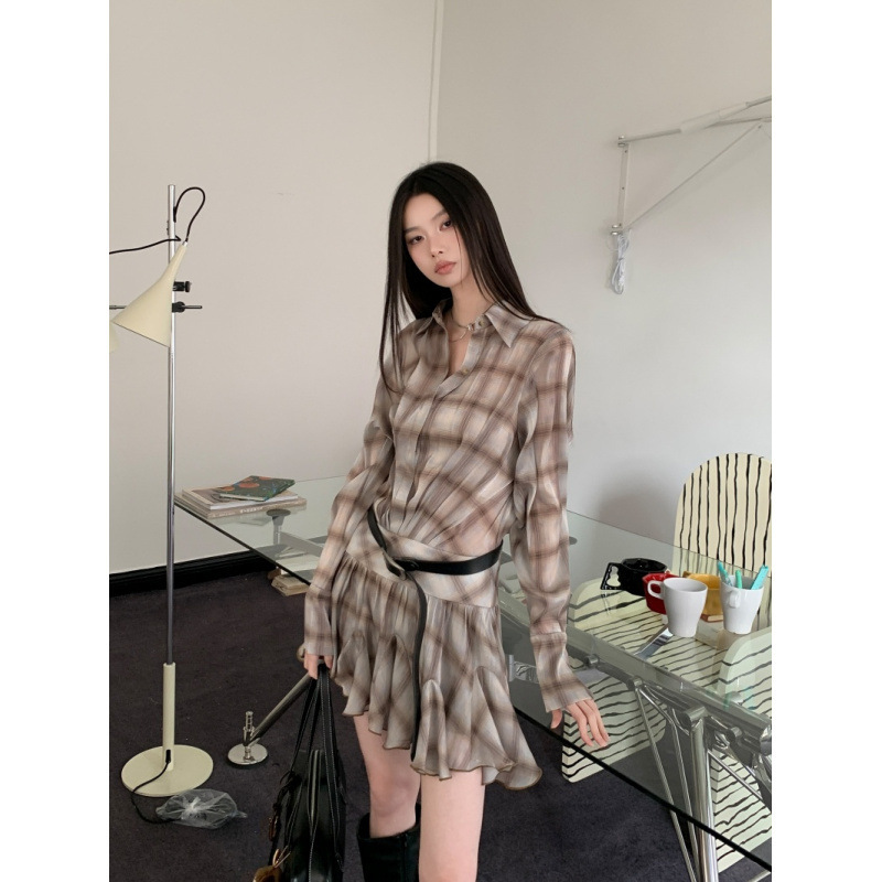 Hot Girl Plaid Lapel Loose Ear-Hem Short Dress Niche Shirt Dress Hot Girl Plaid Lapel Loose Ear-Hem Short Dress Niche Shirt Dress