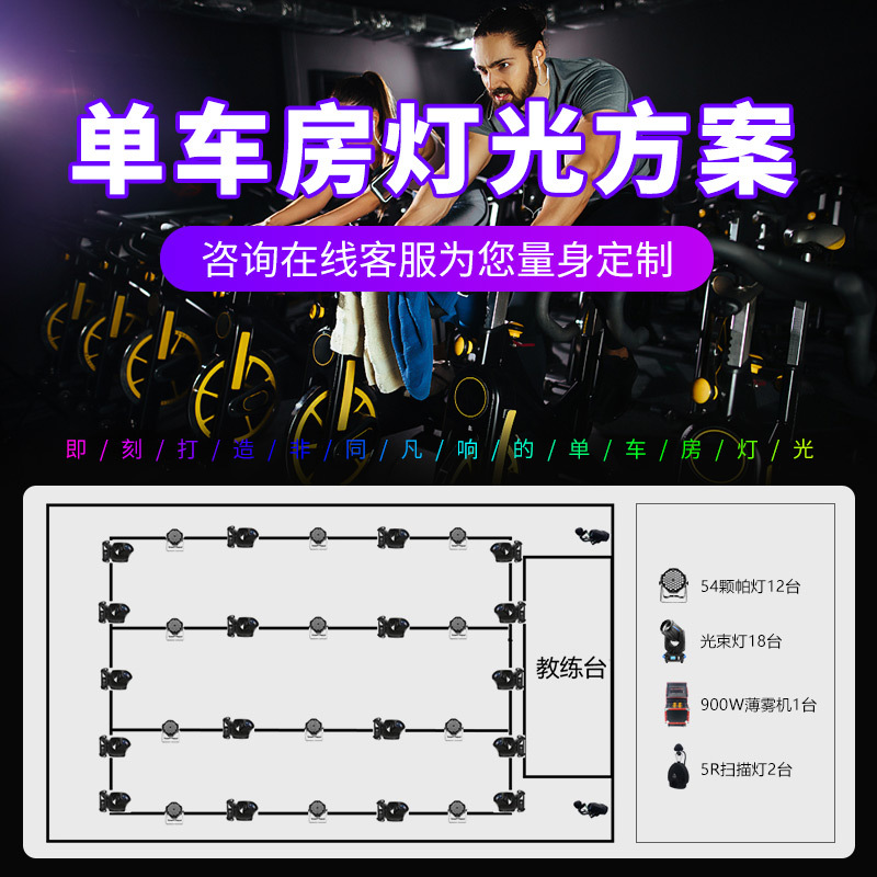 Equipo de iluminación de sala de bicicleta de fitness dinámico esquema de diseño Paquete de sala privada inteligente pequeño mediano y grande espectáculo de iluminación de ingeniería