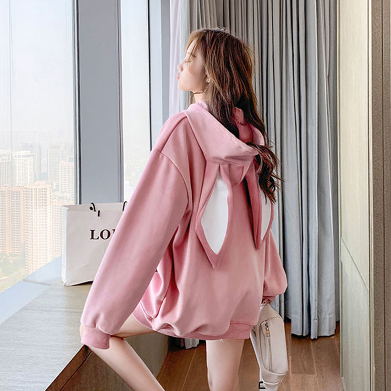 Rabbit ears sweater women's autumn and winter plus velvet padded hooded large size foreign style jacket ins cross-border foreign trade Wholesale