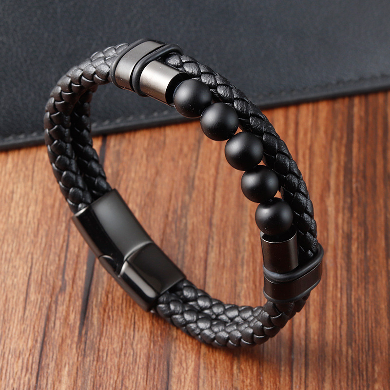 Geometric Pattern Retro Classic Style Pu Leather Volcanic Rock Titanium Steel Geometric Woven Chain Men Cord & Leather Bracelets