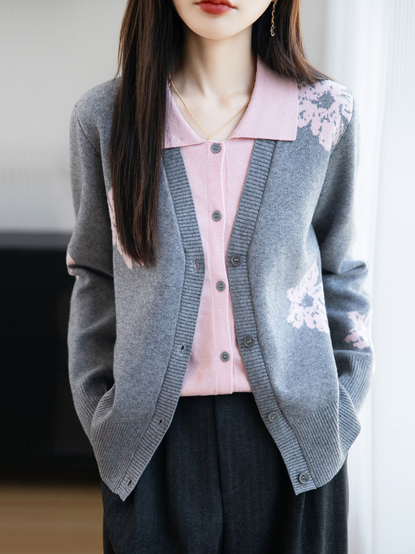 【厂家直供】翻领假两件毛衣针织开衫外套女秋季新款提花减龄外搭|undefined