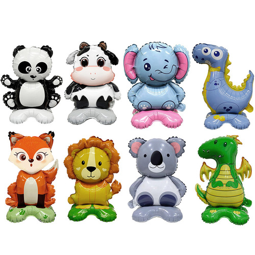 Jungle Party Cartoon Lion Panda Animal Small Base Standing Dinosaur Aluminum Film Balloon Party Decoration Balloon