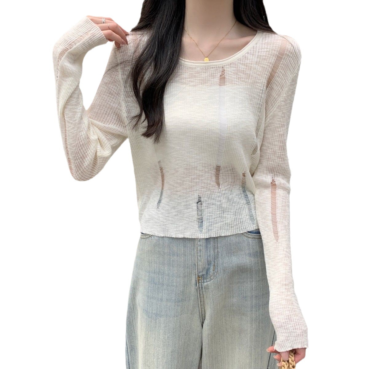Delgado hueco de punto de manga larga Camiseta de verano de las mujeres corto aire acondicionado camisa estilo coreano nueva protección solar blusa superior image 6