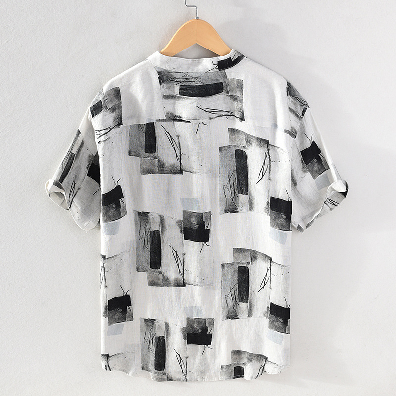 Men's Linen Short Sleeve Shirt Chinese Style Printed Pullover_voghion.com