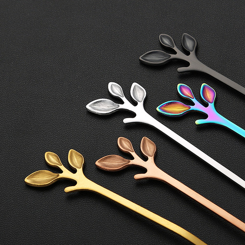 Stainless steel leaf spoon and fork Nordic mixing spoon simple coffee spoon creative gold-plated dessert spoon colorful fruit fork