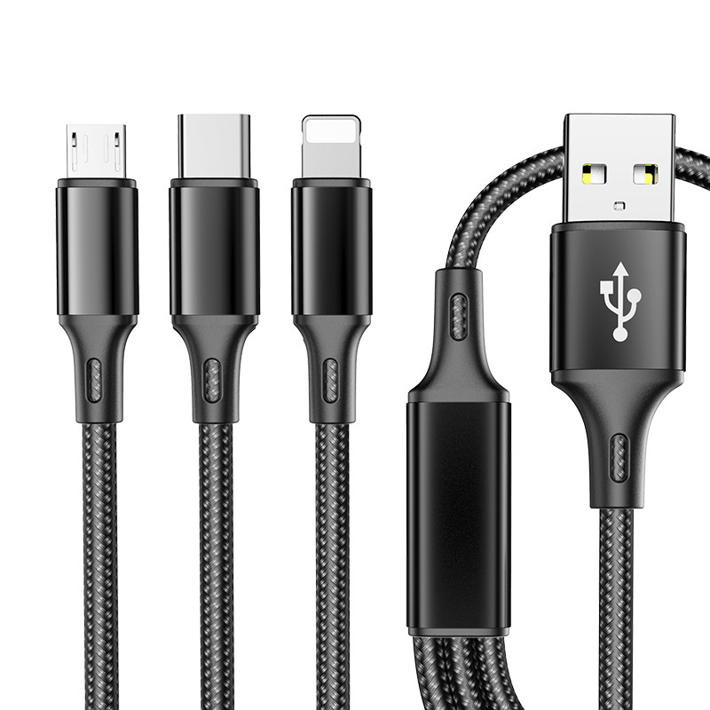 三合一携帯電話充電ケーブルLightning android Type-c1.2メートル黒編み充電ケーブル|undefined