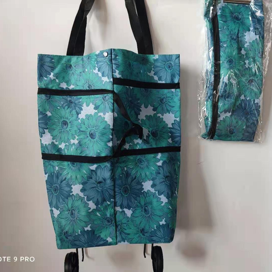 Venta al por mayor bolsa de compras plegable de poliéster carrito de compras portátil supermercado remolcador bolsa rueda bolsa supermercado bolsa