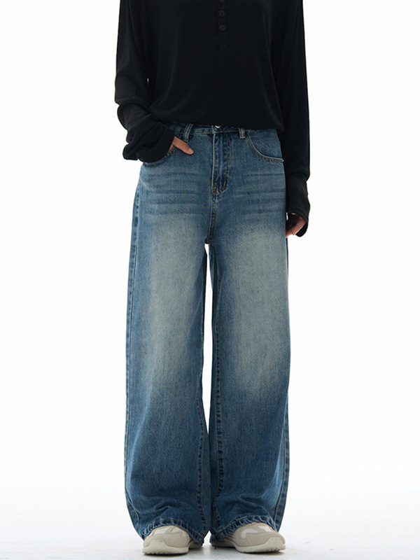 LKTM hombre americano clásico versátil lavado con agua gato barba jeans hombre y mujer vintage pantalones de piernas largas sueltas