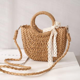 Xiaoxiangfeng Moon Bag Women's Crossbody Exquisite Straw Bag Travel Photography Lace Strap Handbag Handmade Woven Bag