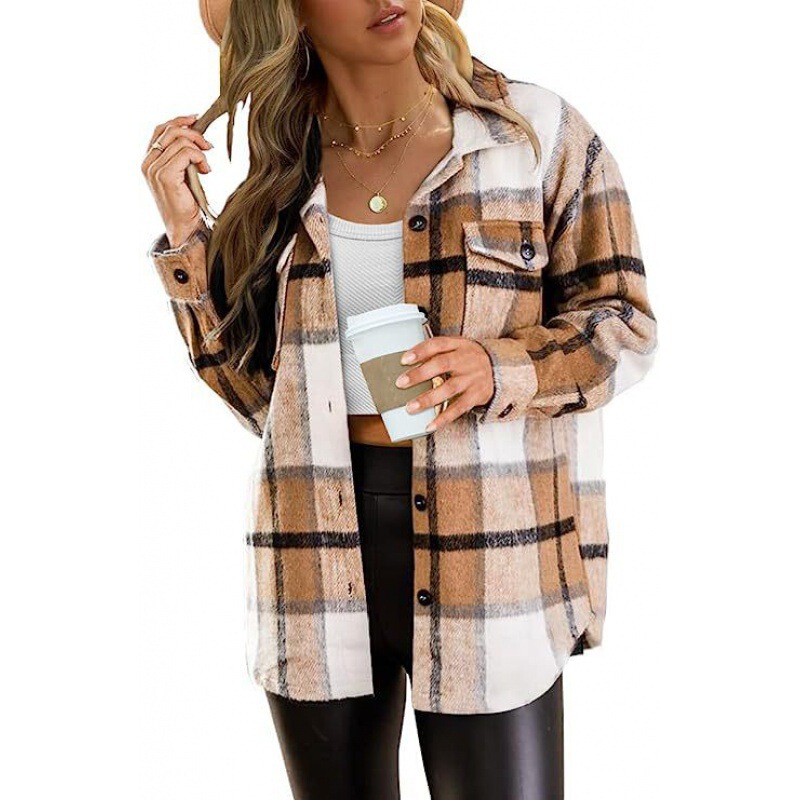 Amazon 2025 Autumn and Winter European and American Women's Clothing Large Flap Pocket Pants Shirt Casual Plaid Top Loose Long-Sleeved Ins Shirt