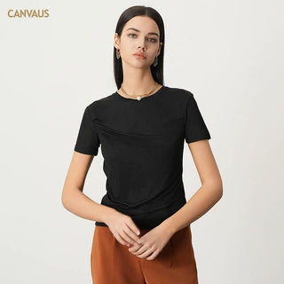CANVAUS韩版修身显瘦正肩T恤女短袖掐腰圆领夏季新款薄款褶皱上衣