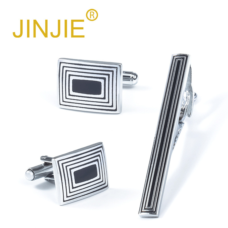 High-end electroplated rectangular metal tie clip set, internationally popular tie clip and cufflink set