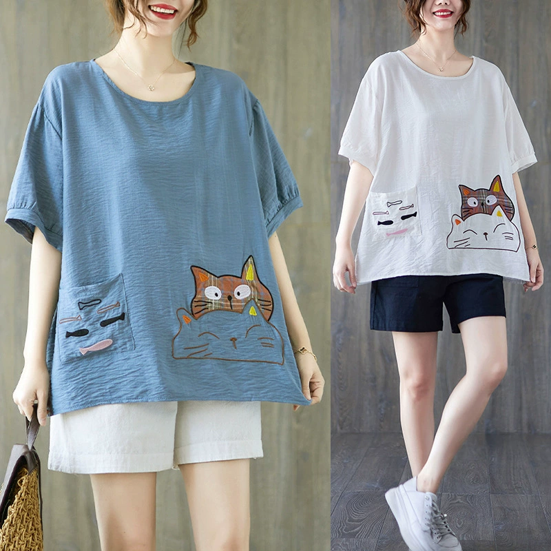 Летняя Новая Художественная свободная футболка больших размеров X с вышивкой художественный Ретро корейский модный топ из хлопка и льна из Тенсел